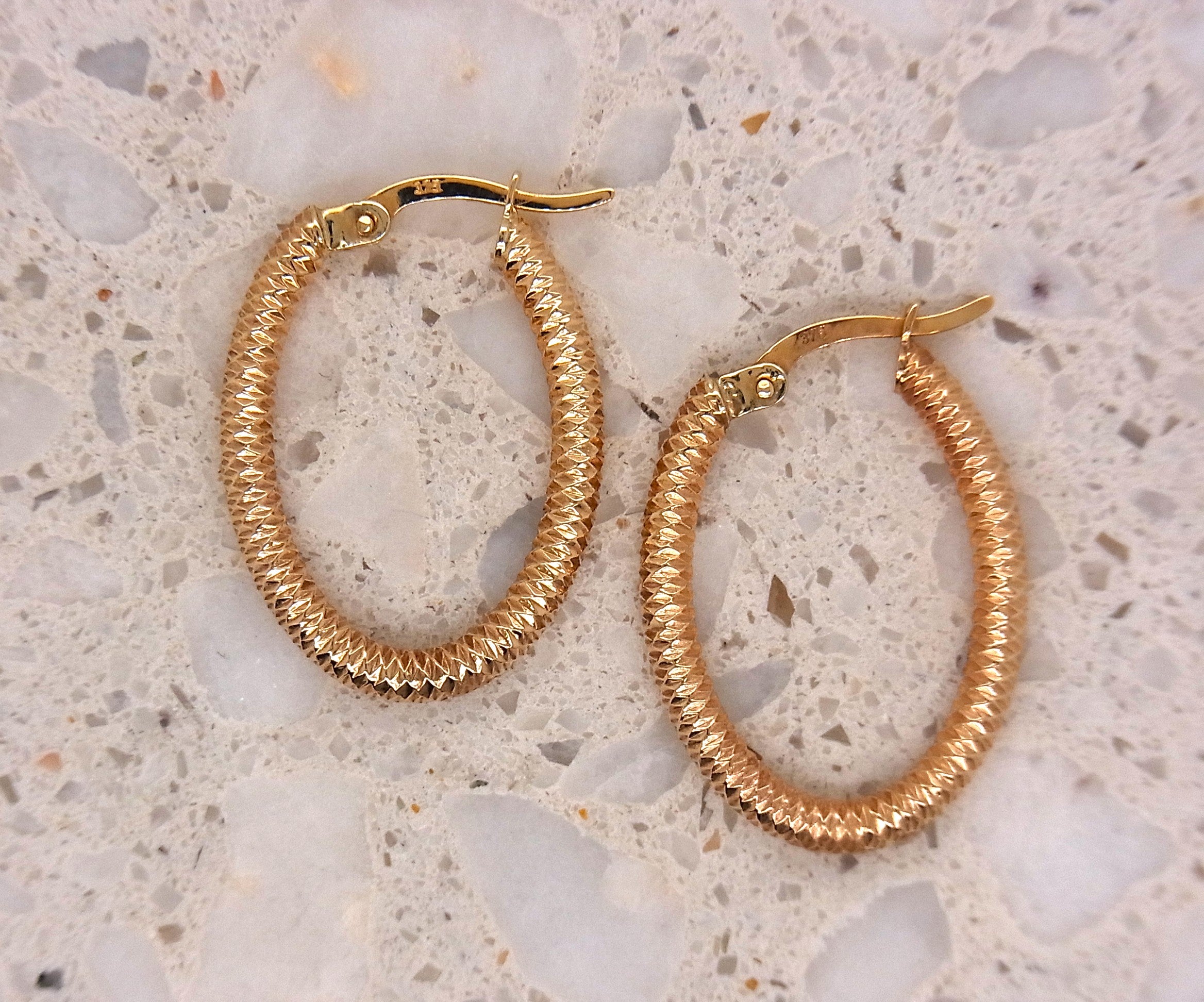 9ct Yellow Gold Diamond cut Oval shape hoops