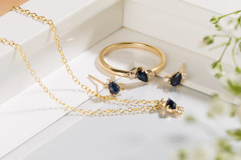 9ct Yellow Gold Sapphire and Diamond Stud Earrings