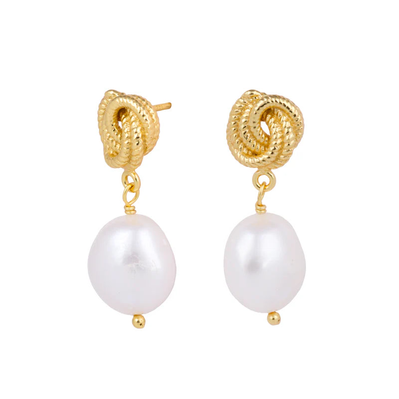 Yellow Gold Plated Knot Pearl Drop Earrings