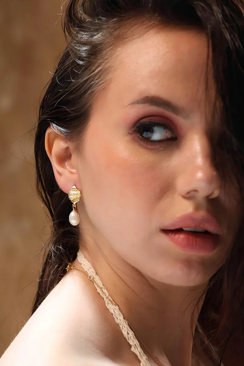 Yellow Gold Plated Leaf and Freshwater Pearl Drop Earrings