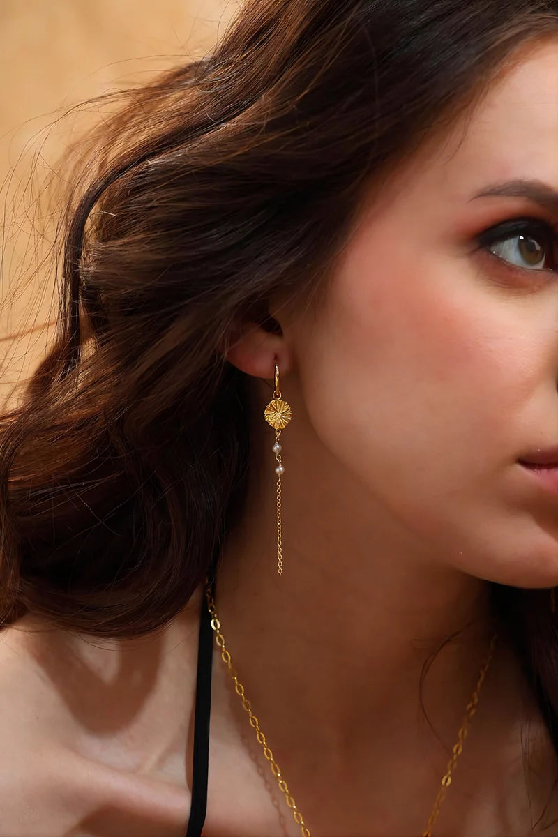 Yellow Gold Plated Flower, Pearl and Chain Drop Earrings
