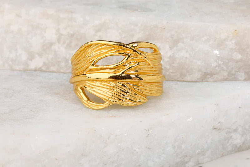 Yellow Gold Plated Leaf Pattern Ring