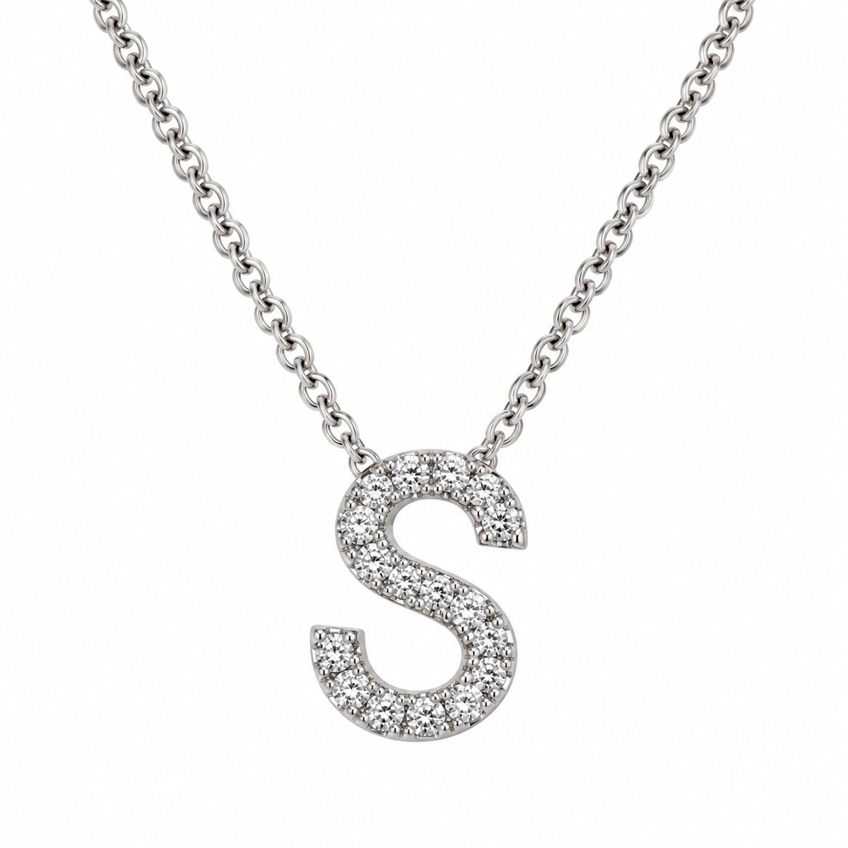 9ct White Gold Diamond Initial S Pendant and Chain