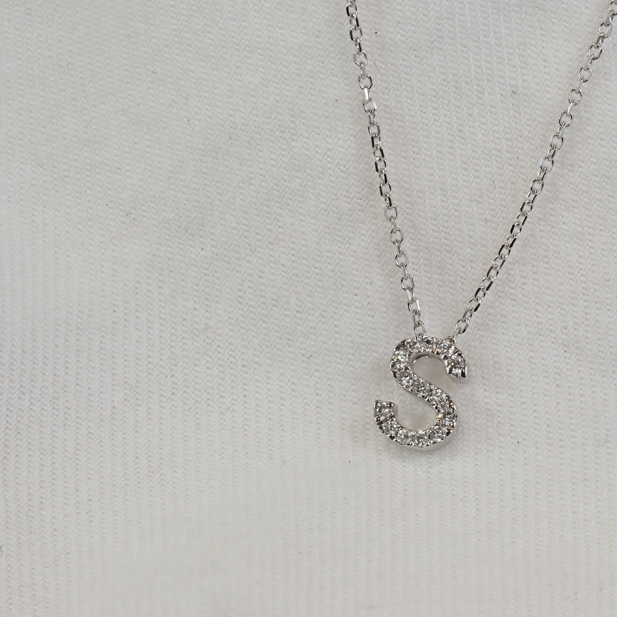 9ct White Gold Diamond Initial S Pendant and Chain