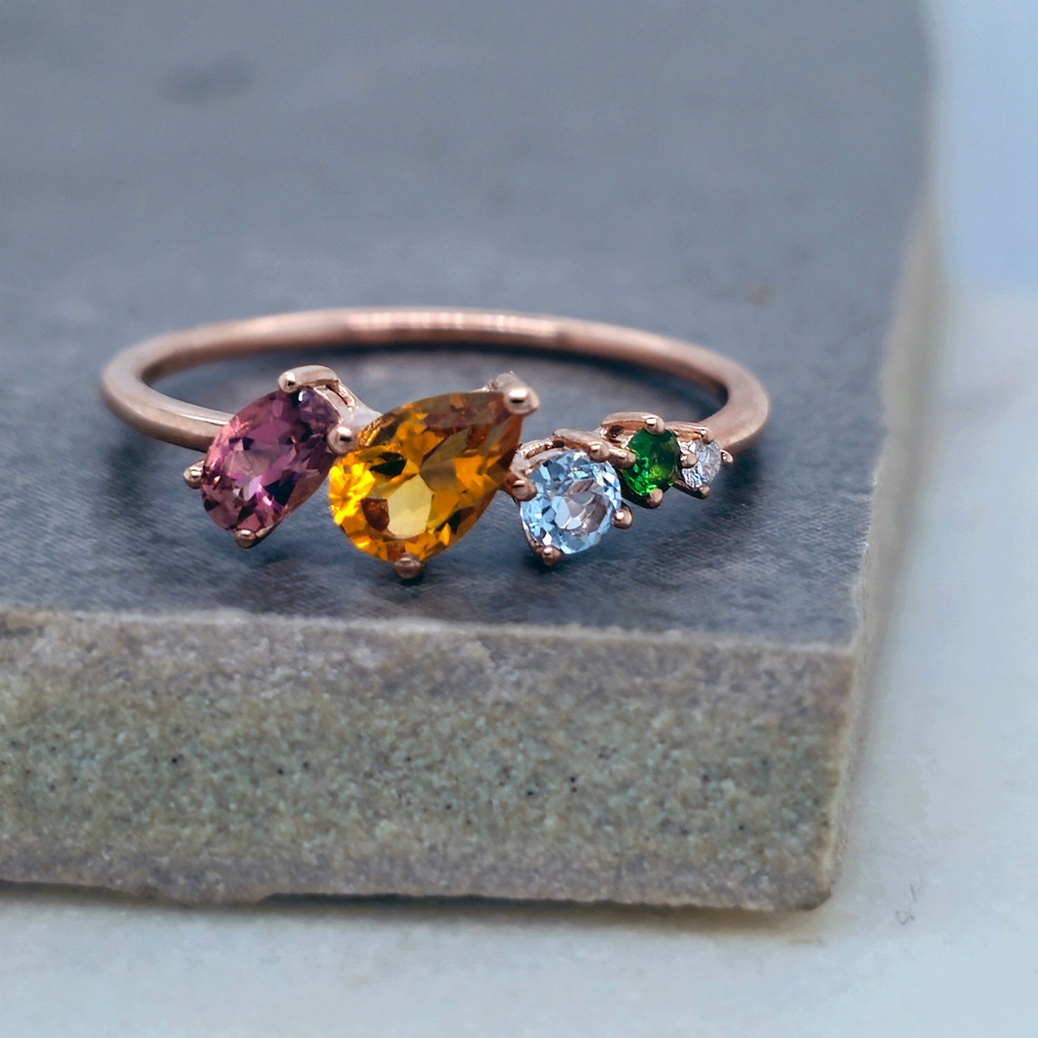 9ct Rose Gold Natural Gemstone Scatter Ring