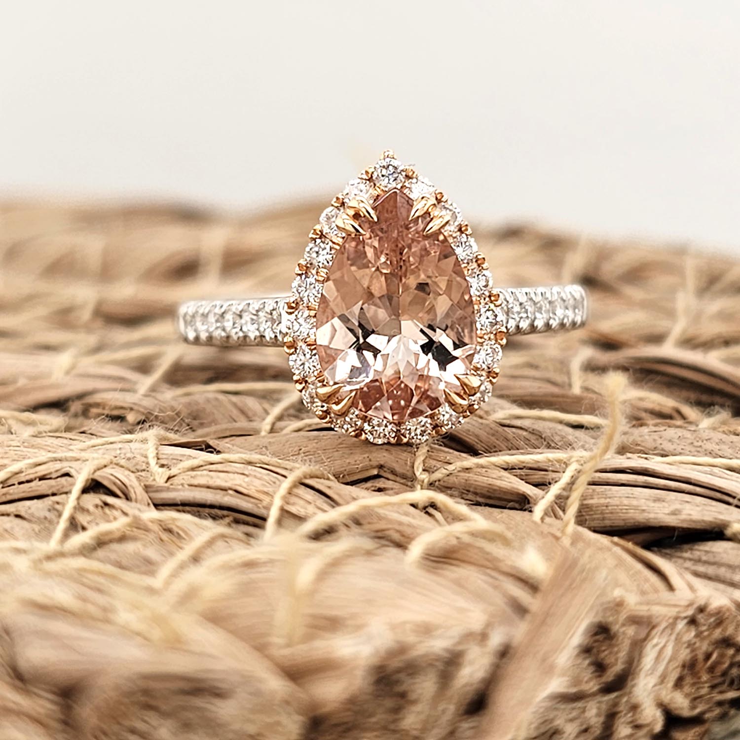 18ct Rose and White Gold Pear Morganite & Diamond Ring, 0.34ct total