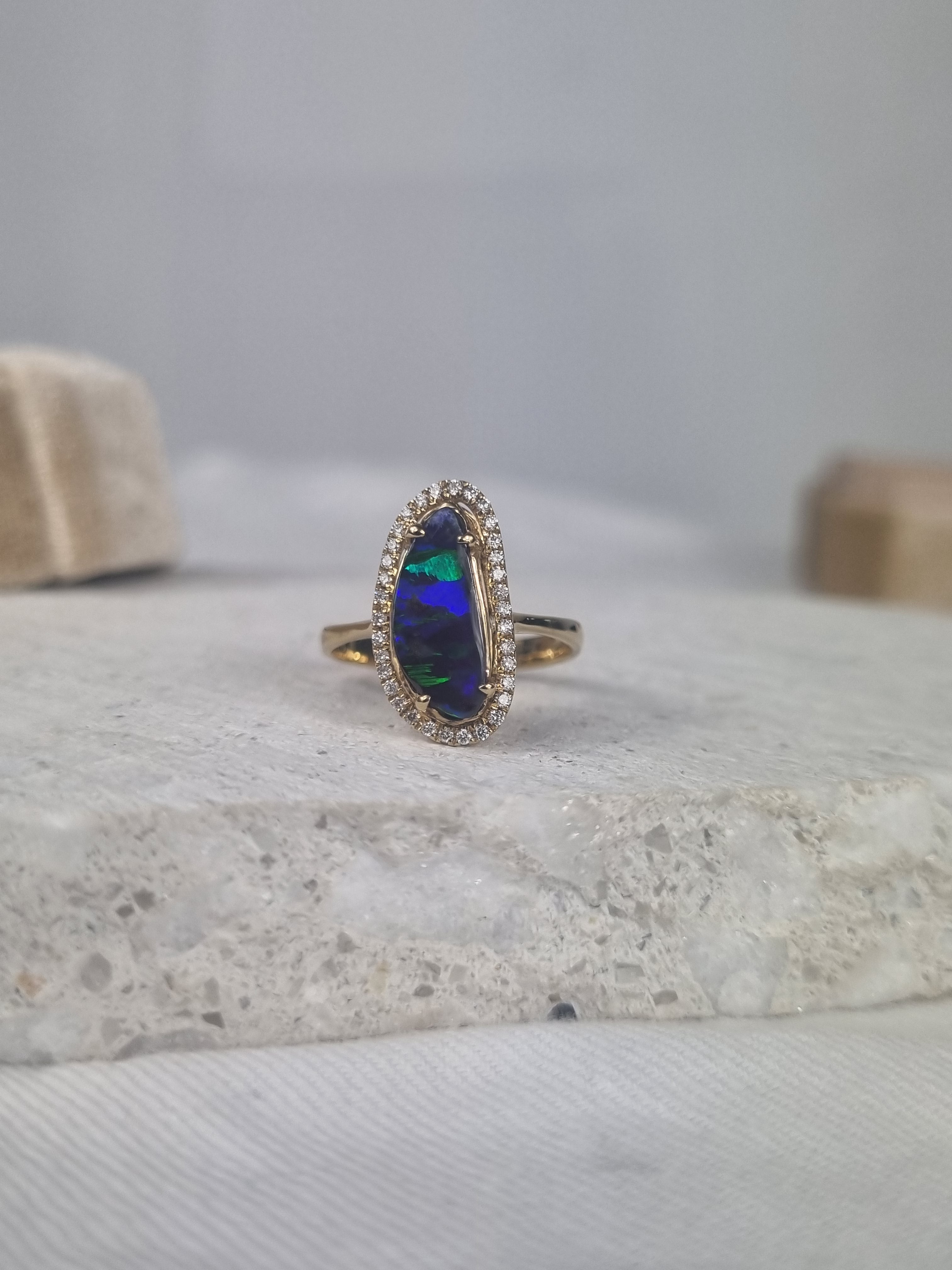 9ct Yellow Gold 2.12ct Solid Boulder Opal & Diamond Ring