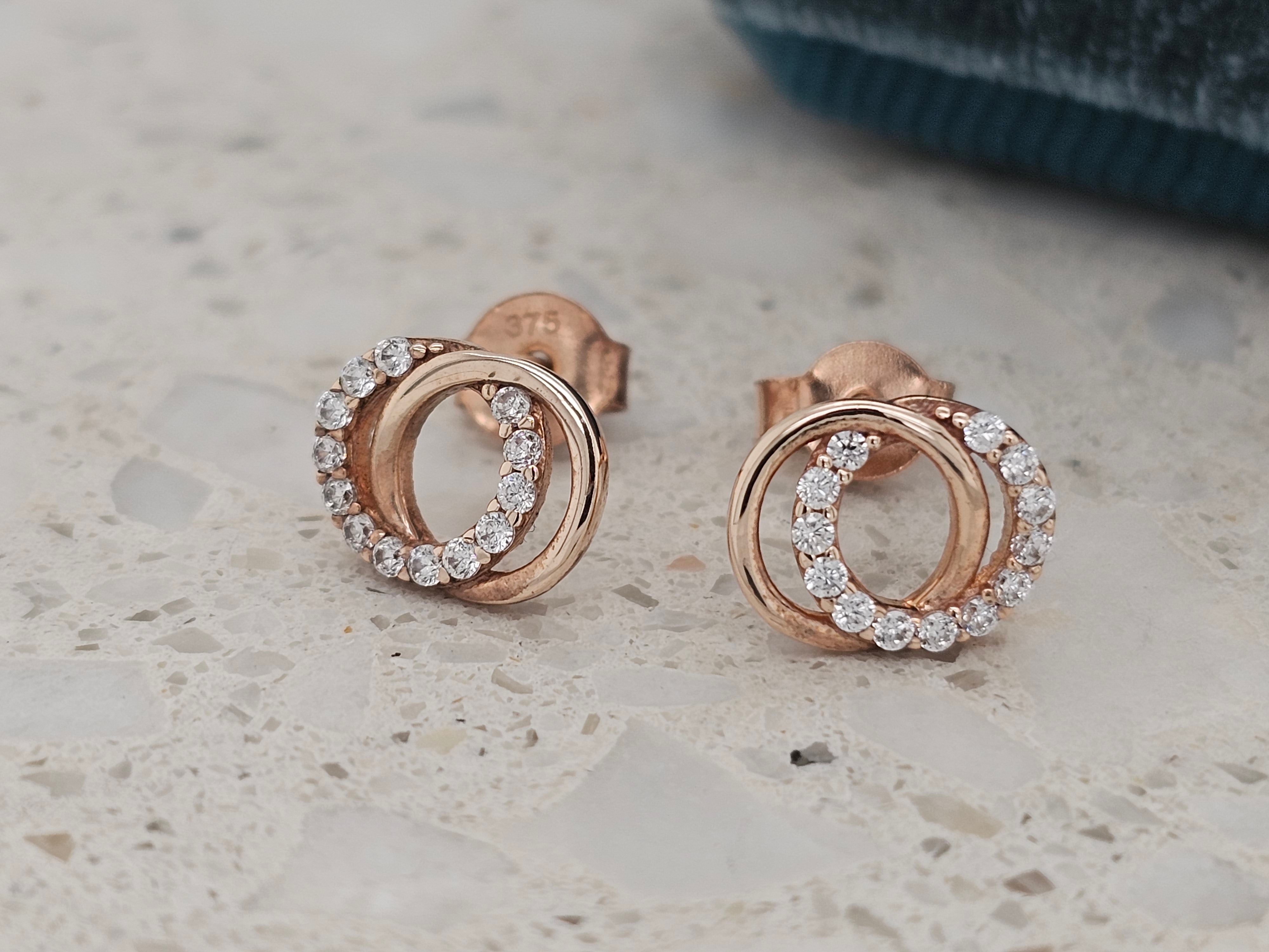 9ct Rose Gold CZ and Polished Double Circle stud earrings