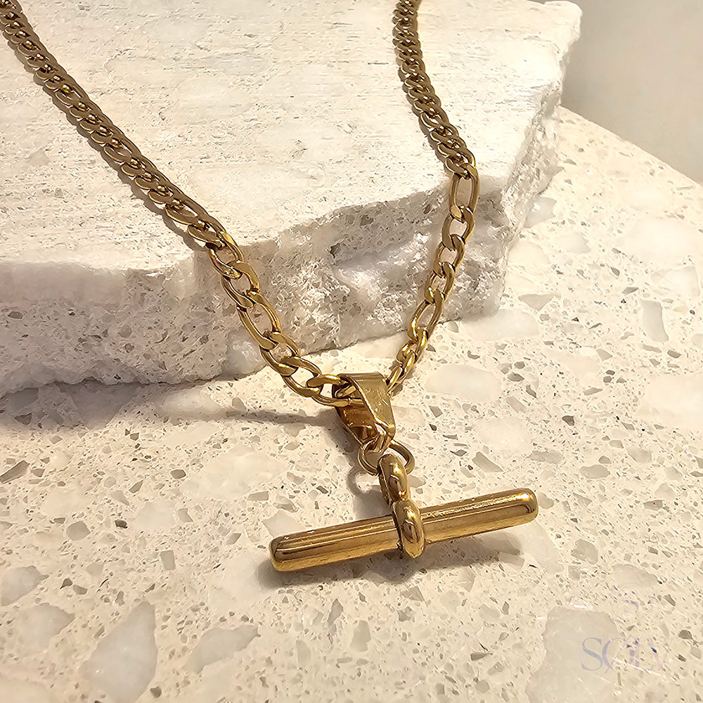 Solv Stainless Steel Gold Plate T-Bar with Figaro Chain