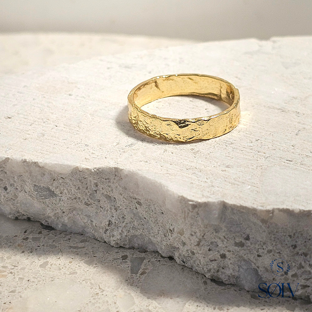 Solv Sterling Silver Gold Plated Hammered Flat Ring, Size 8