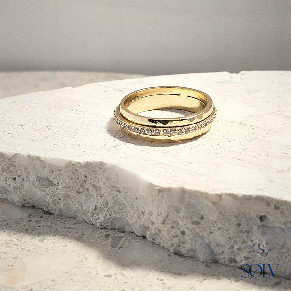 Solv Sterling Silver Gold Plated Hammered Spinner Ring, Size 7