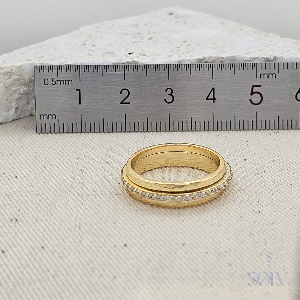 Solv Sterling Silver Gold Plated Hammered Spinner Ring, Size 7