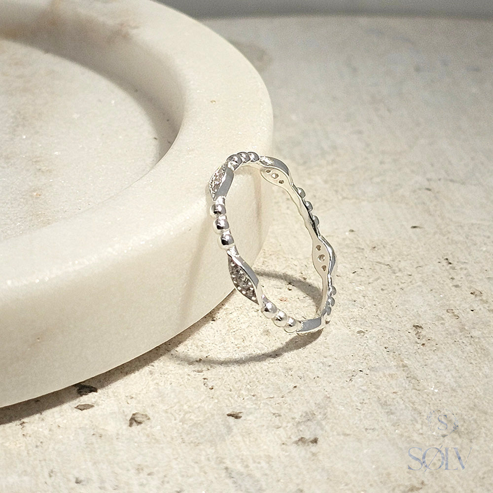 Solv Sterling Silver Beaded Cubic Zirconia Ring, Size 8