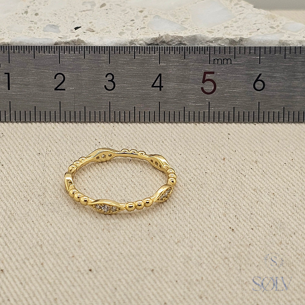 Solv Sterling Silver Gold Plated Beaded Cubic Zirconia Ring, Size 9