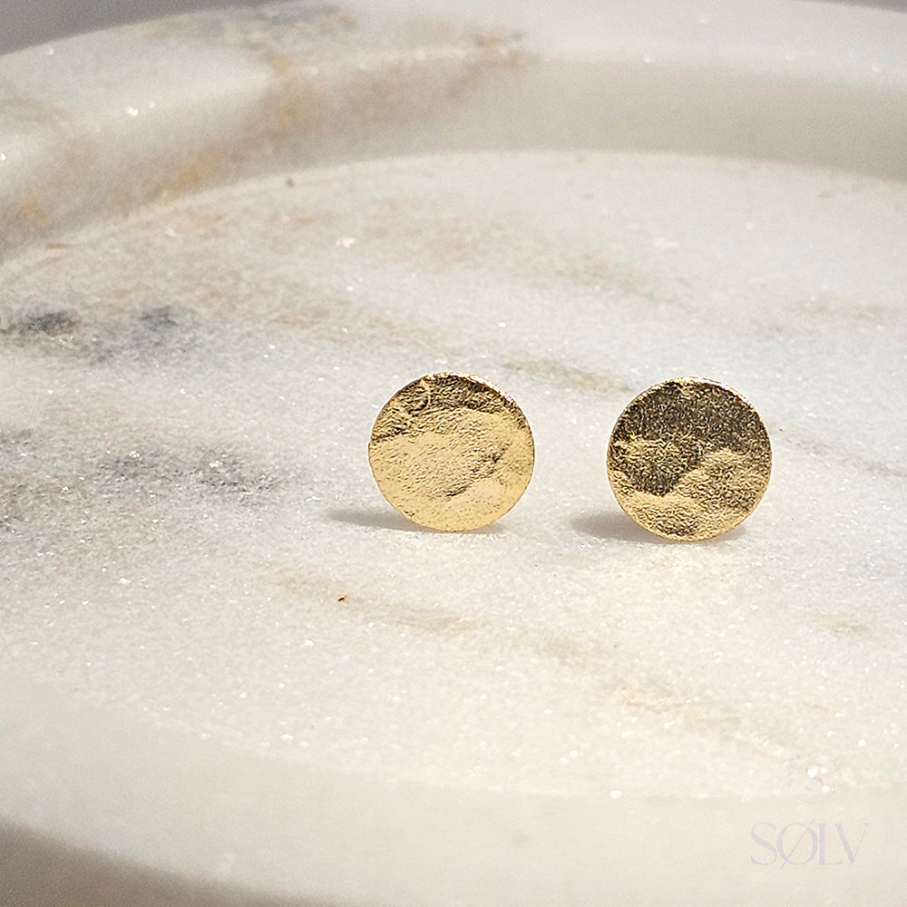 Solv Sterling Silver Gold Plated Hammered Circle Stud Earrings