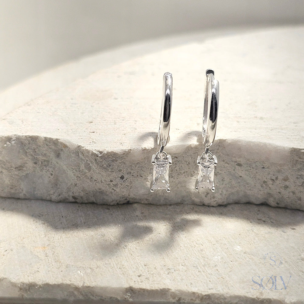 Solv Sterling Silver Baguette Drop Huggie Earrings