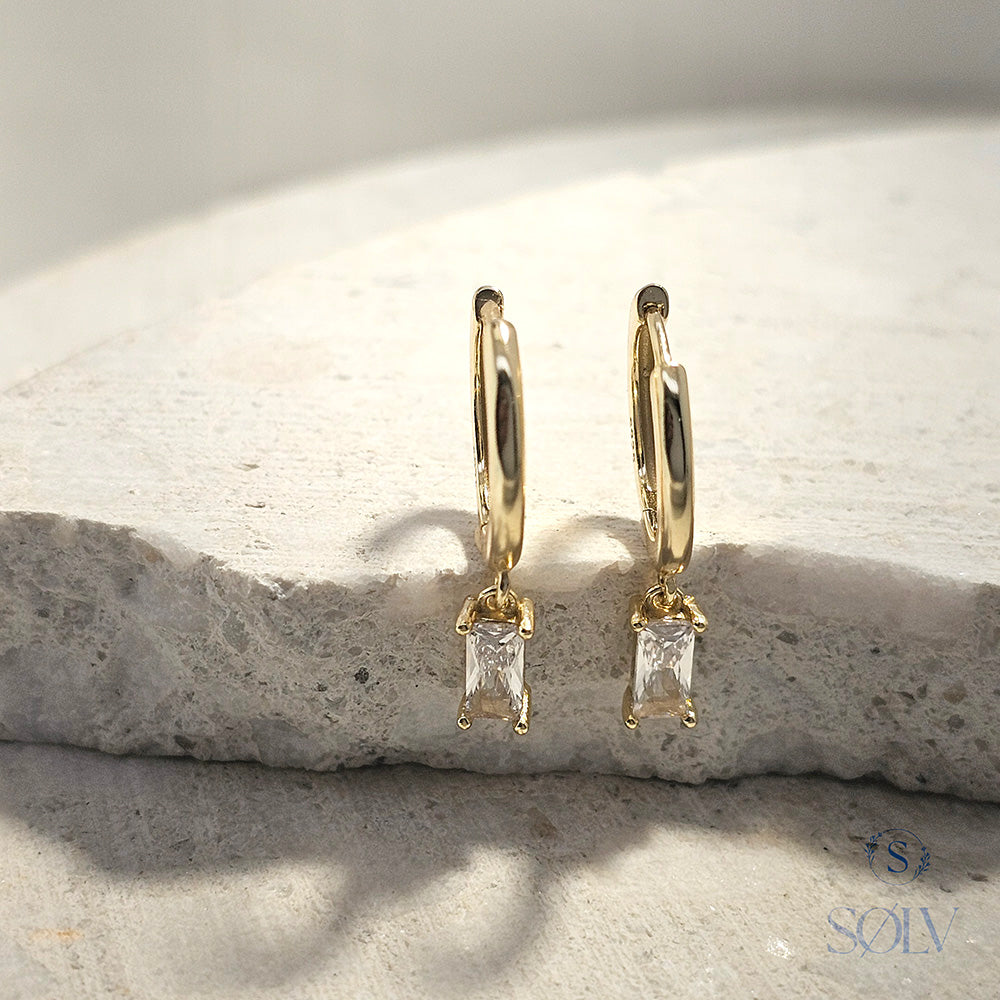 Solv Sterling Silver Gold Plated Baguette Drop Huggie Earrings