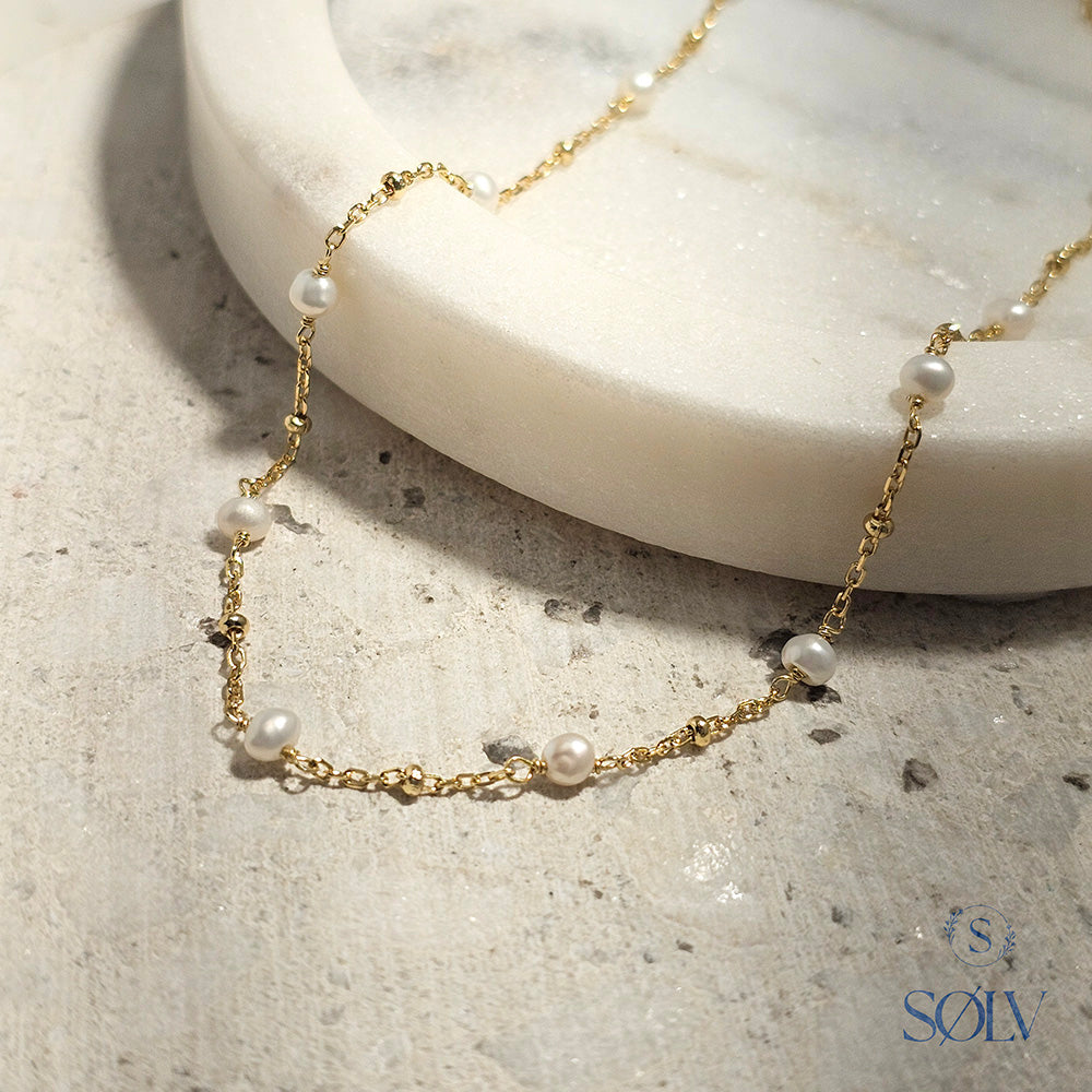Solv Sterling Silver Bead and Pearl Necklet, 40cm