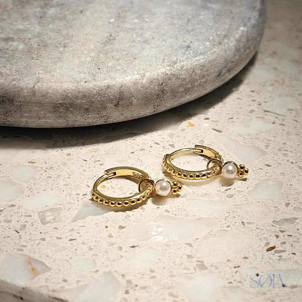 Solv Sterling Silver Gold Plated Patterned Huggie Earrings with Freshwater Pearl Drop