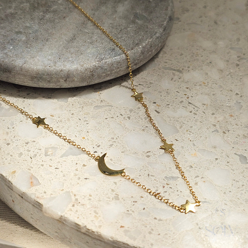 Solv Sterling Silver Gold Plated Star and Moon Necklet