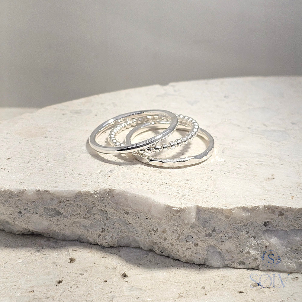 Solv Sterling Silver 3 Ring Set, Size 7