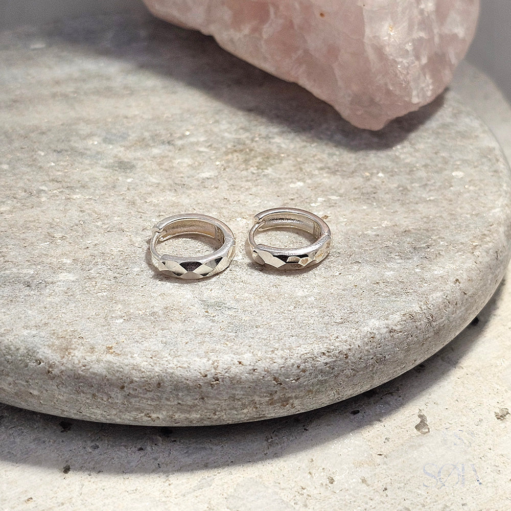 Solv Sterling Silver Etched Huggie Earrings