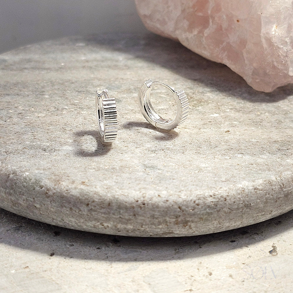 Solv Sterling Silver Line Detailed Huggie Earrings