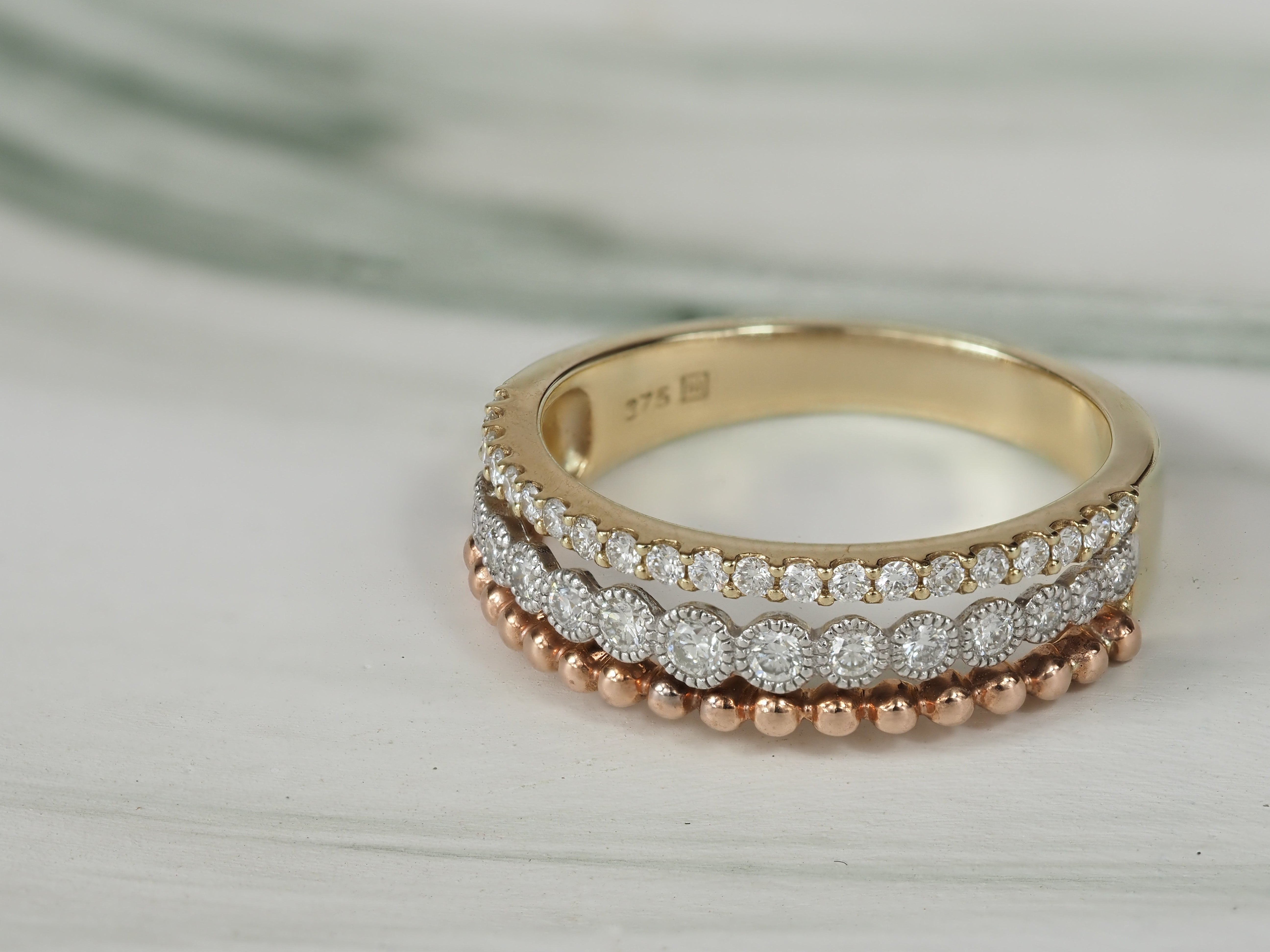 9ct Yellow, Rose and White Gold Multistrand Diamond Ring