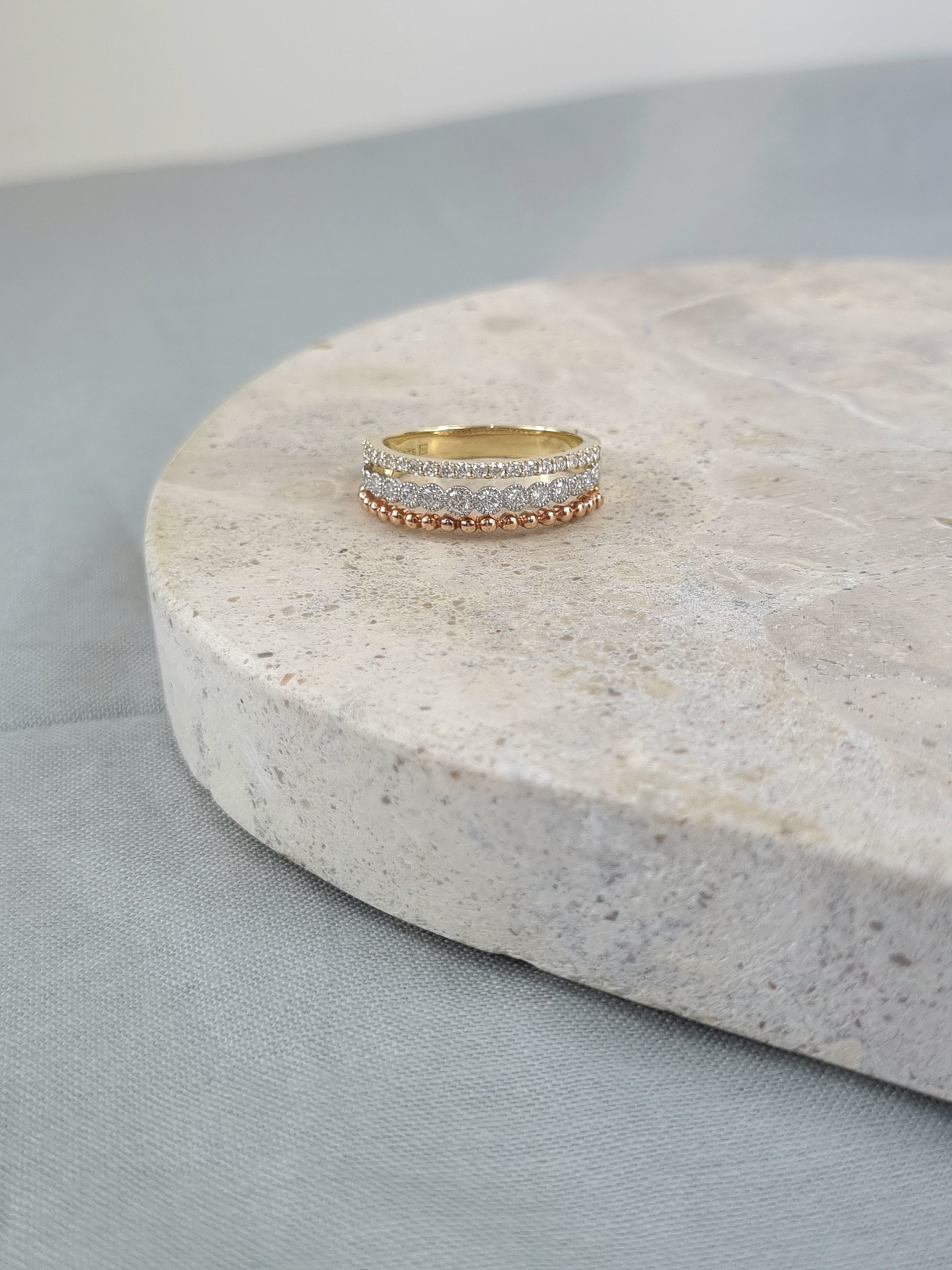 9ct Yellow, Rose and White Gold multistrand Diamond ring