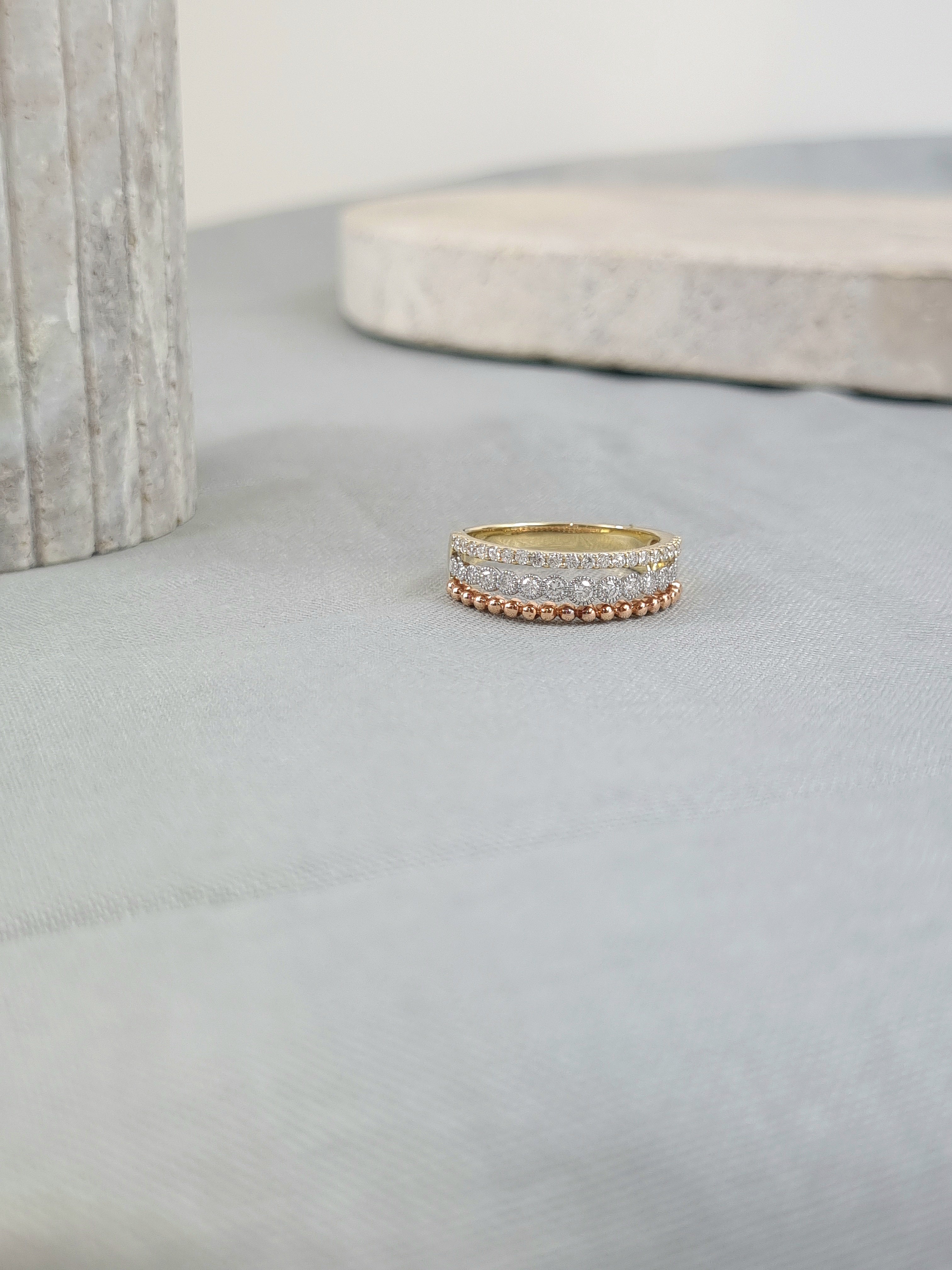 9ct Yellow, Rose and White Gold multistrand Diamond ring