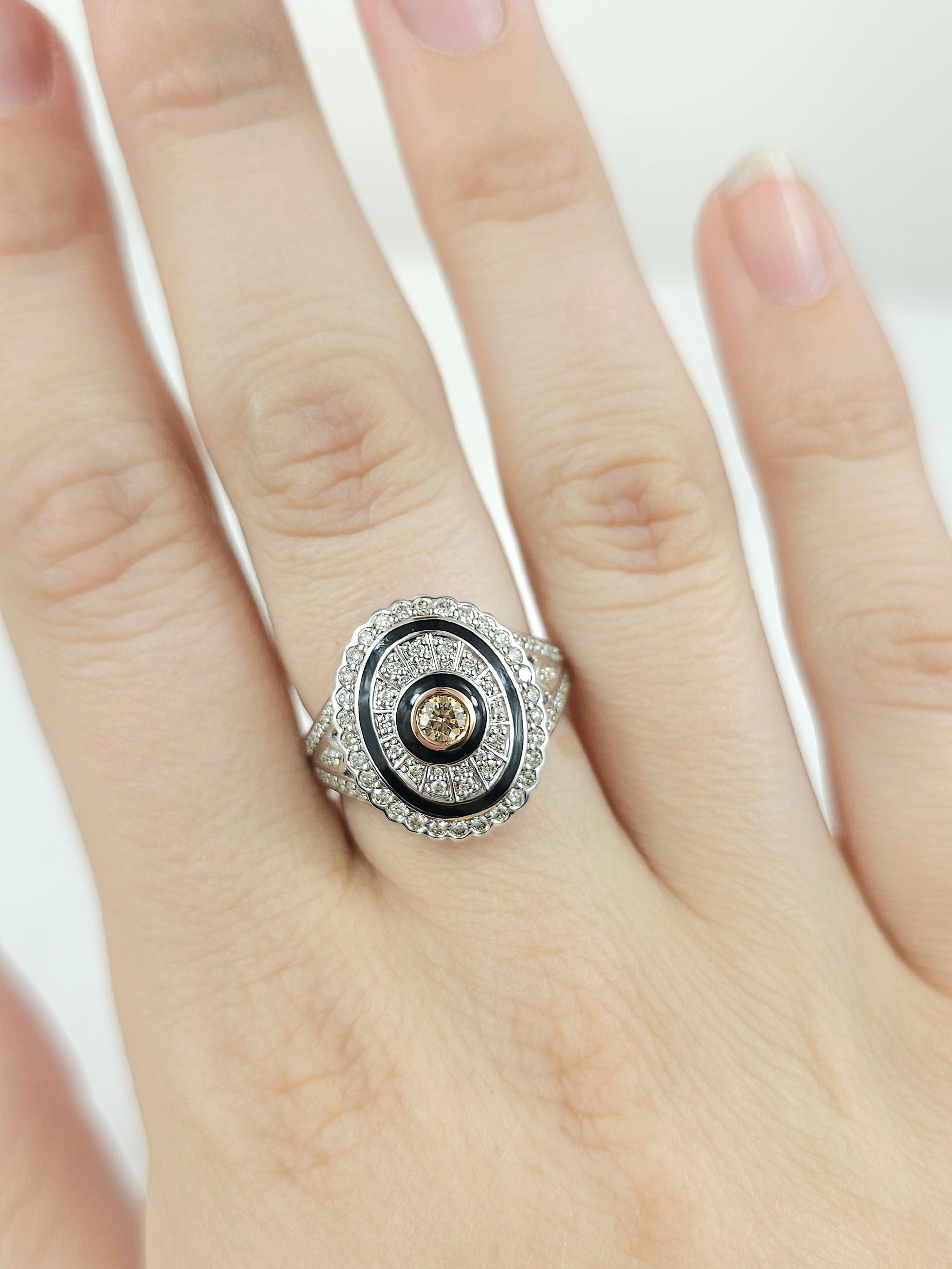 9ct White and Rose Gold Ring with Cognac Diamond & Enamel Detail.