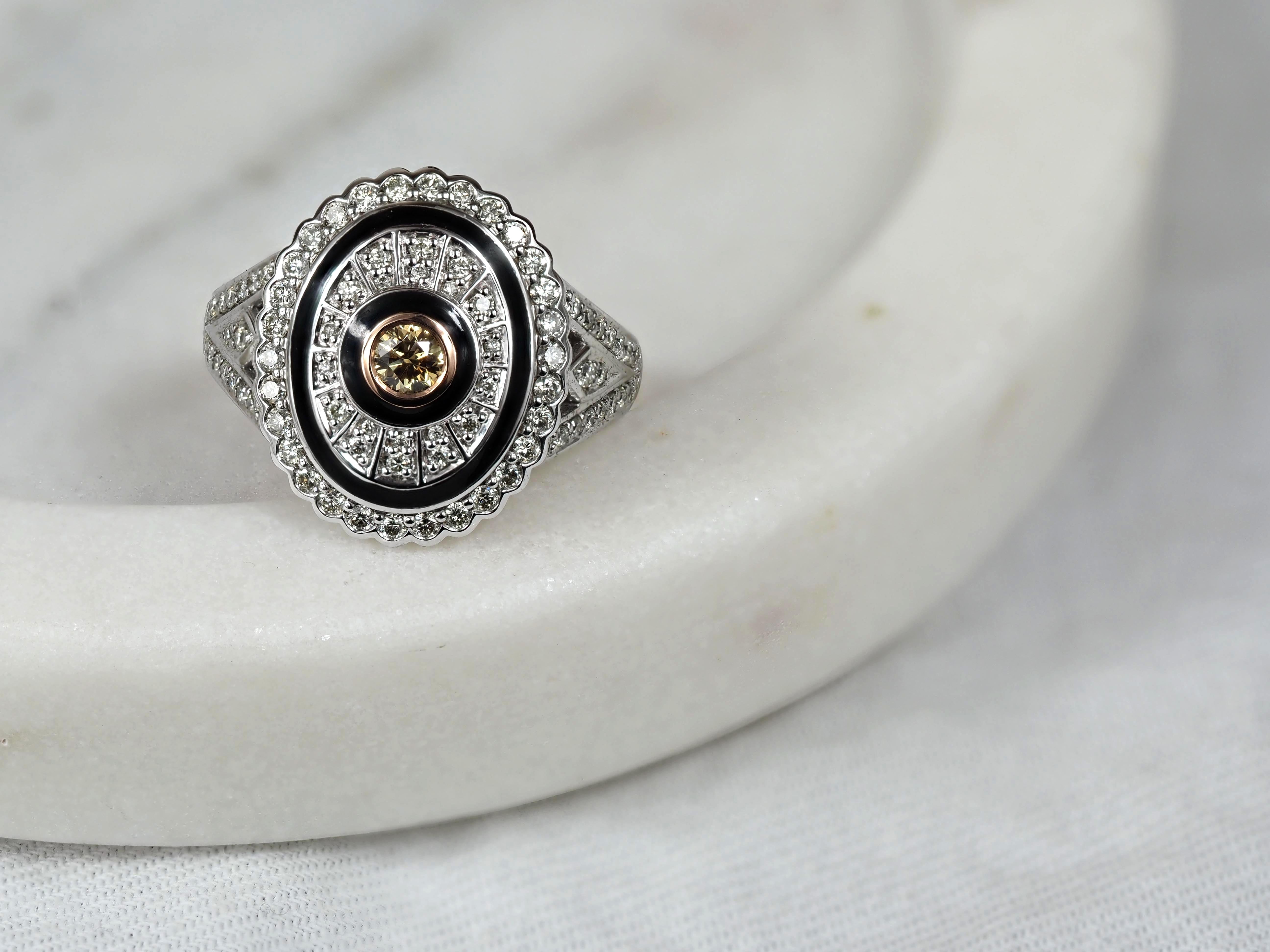 9ct White and Rose Gold Ring with Cognac Diamond & Enamel Detail.