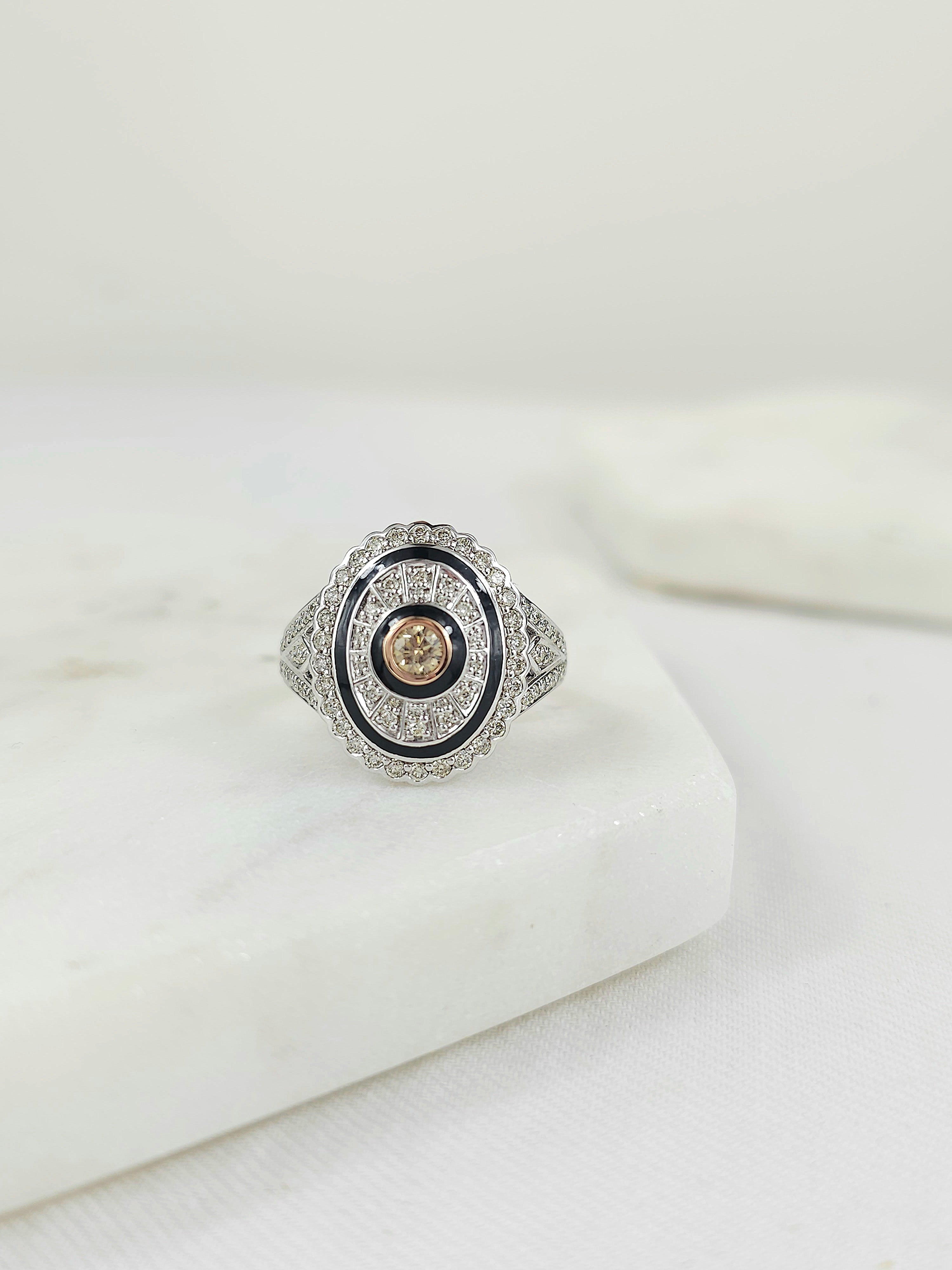 9ct White and Rose Gold Ring with Cognac Diamond & Enamel Detail.