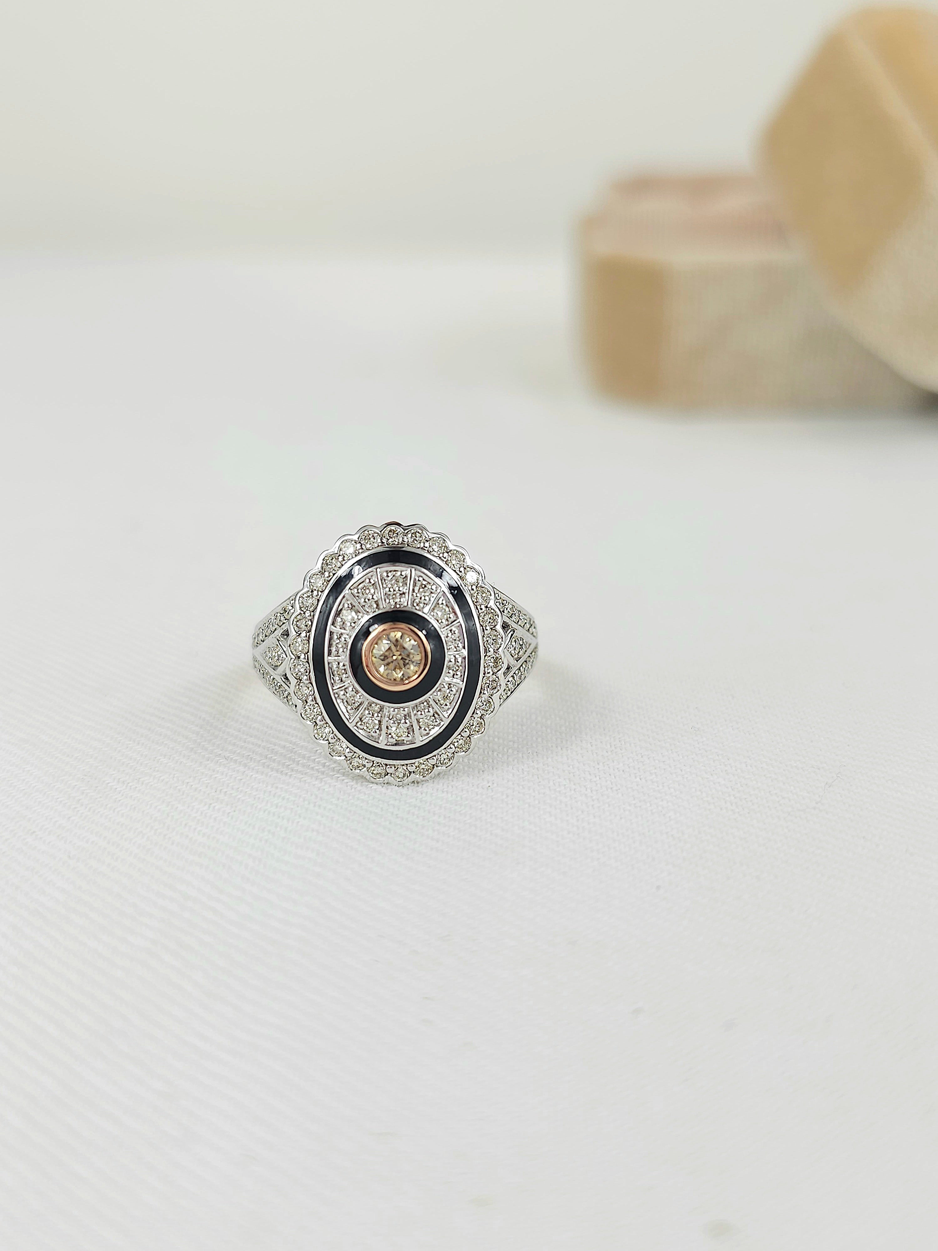 9ct White and Rose Gold Ring with Cognac Diamond & Enamel Detail.