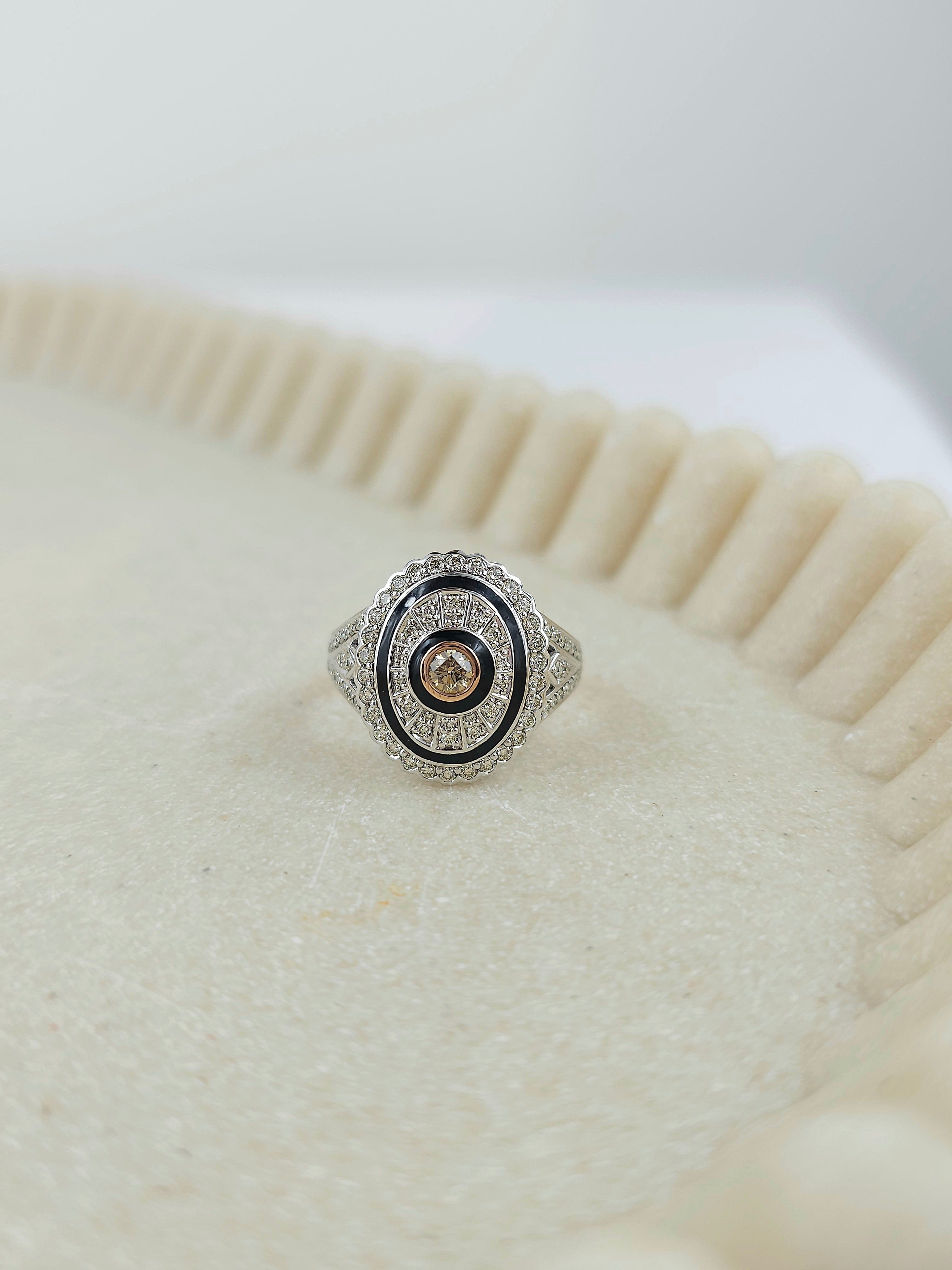 9ct White and Rose Gold Ring with Cognac Diamond & Enamel Detail.