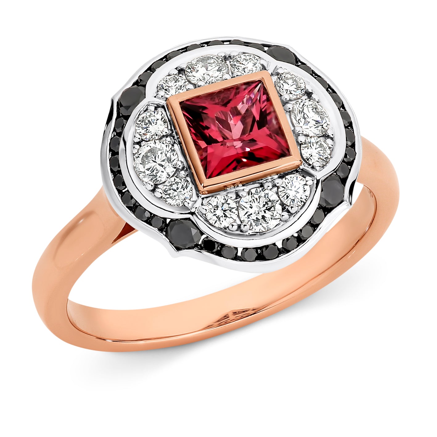 9ct Rose and White Gold Pink Tourmaline and Black Diamonds