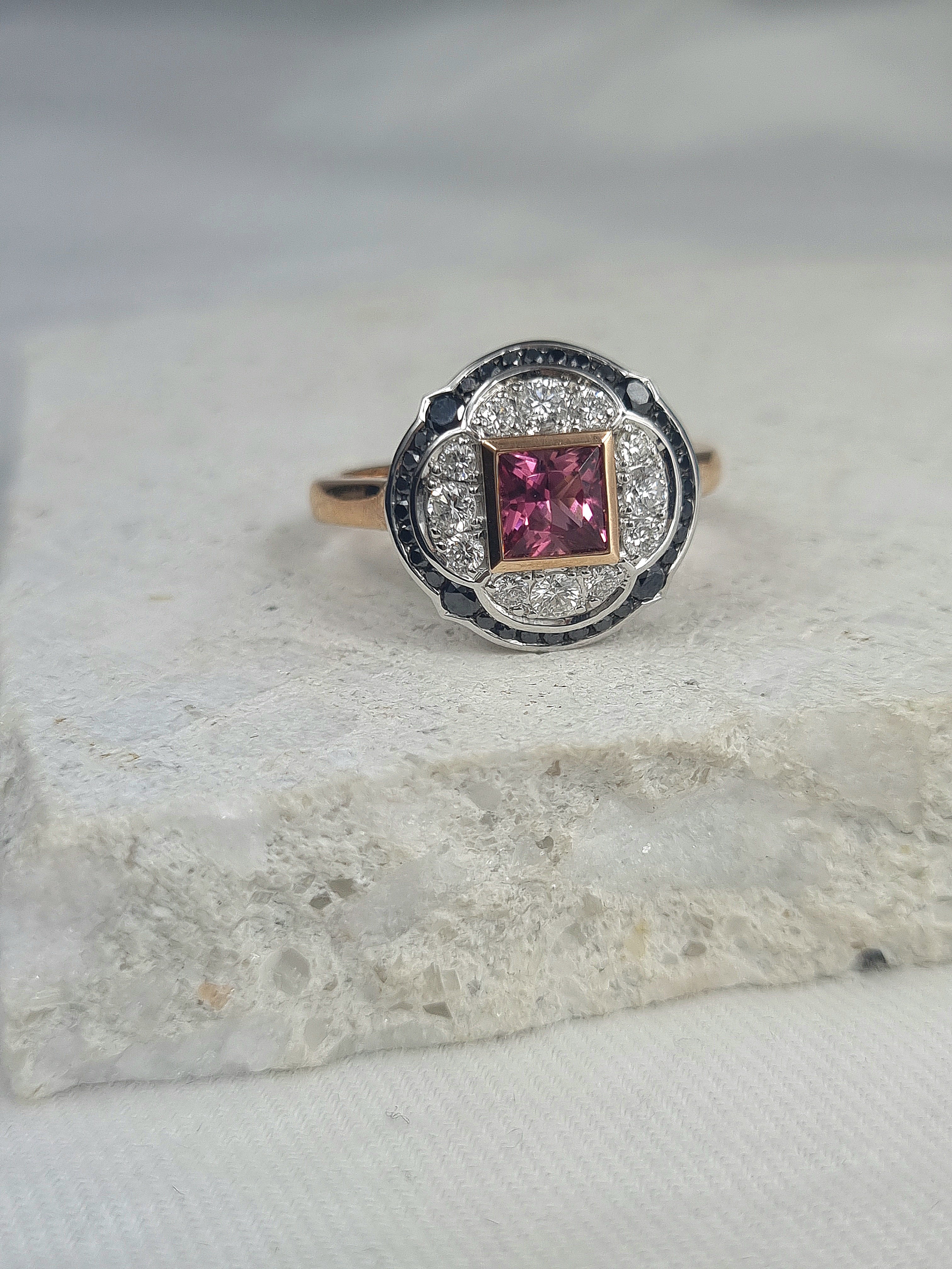 9ct Rose and White Gold Pink Tourmaline and Black Diamonds