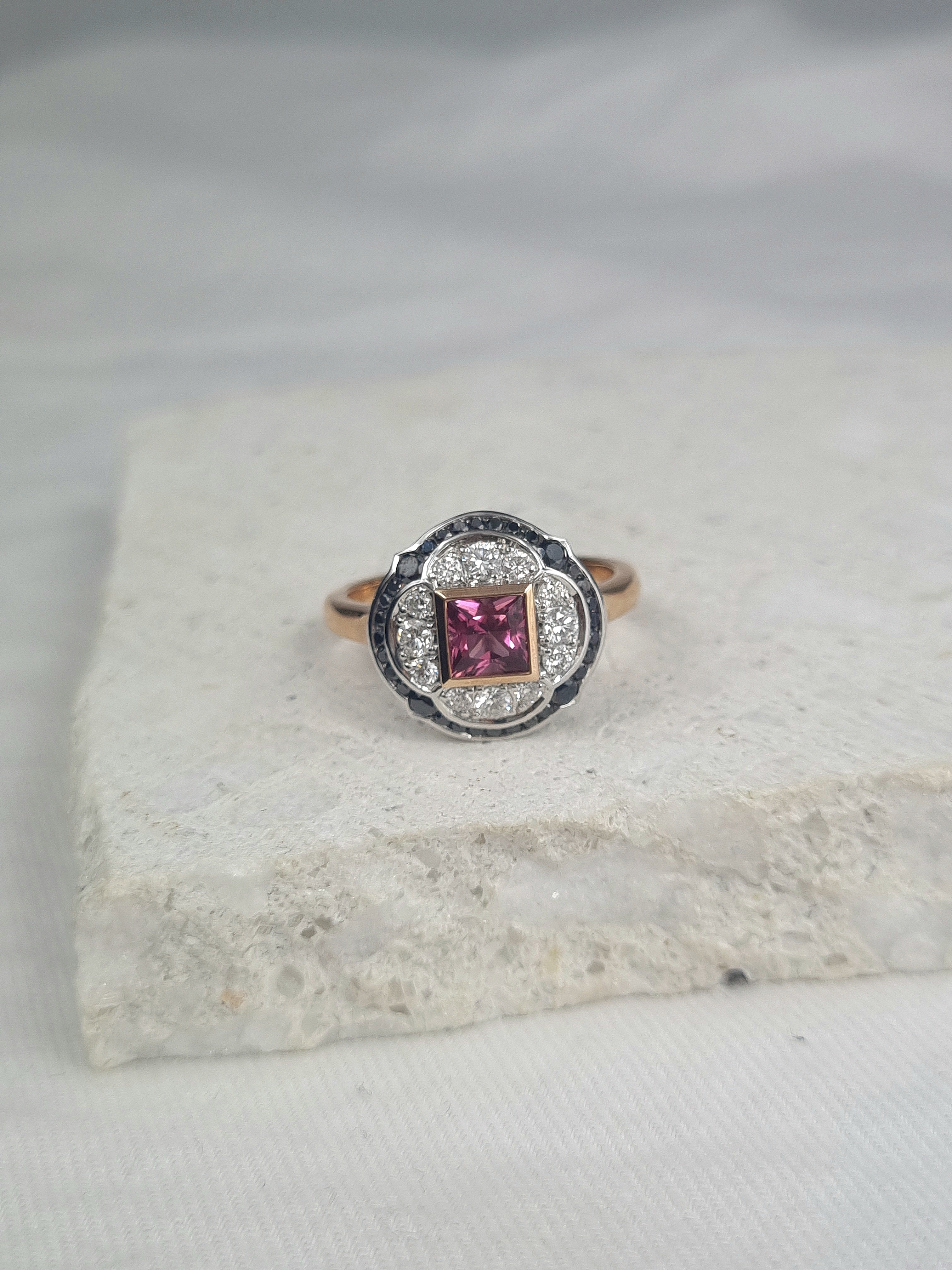 9ct Rose and White Gold Pink Tourmaline and Black Diamonds