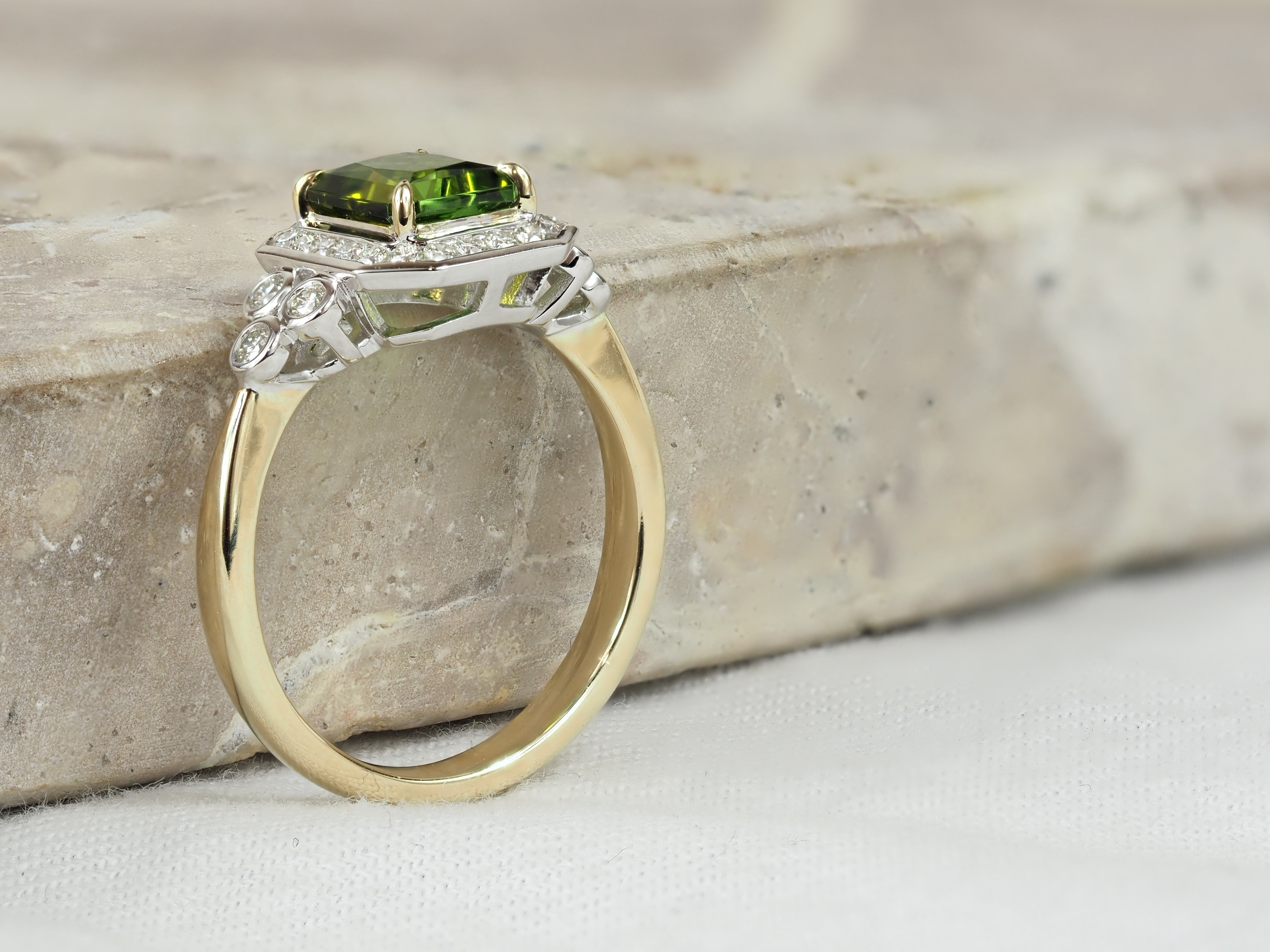 9ct Yellow and White Gold Green Tourmaline and Diamond Ring, 1.50ct Centre