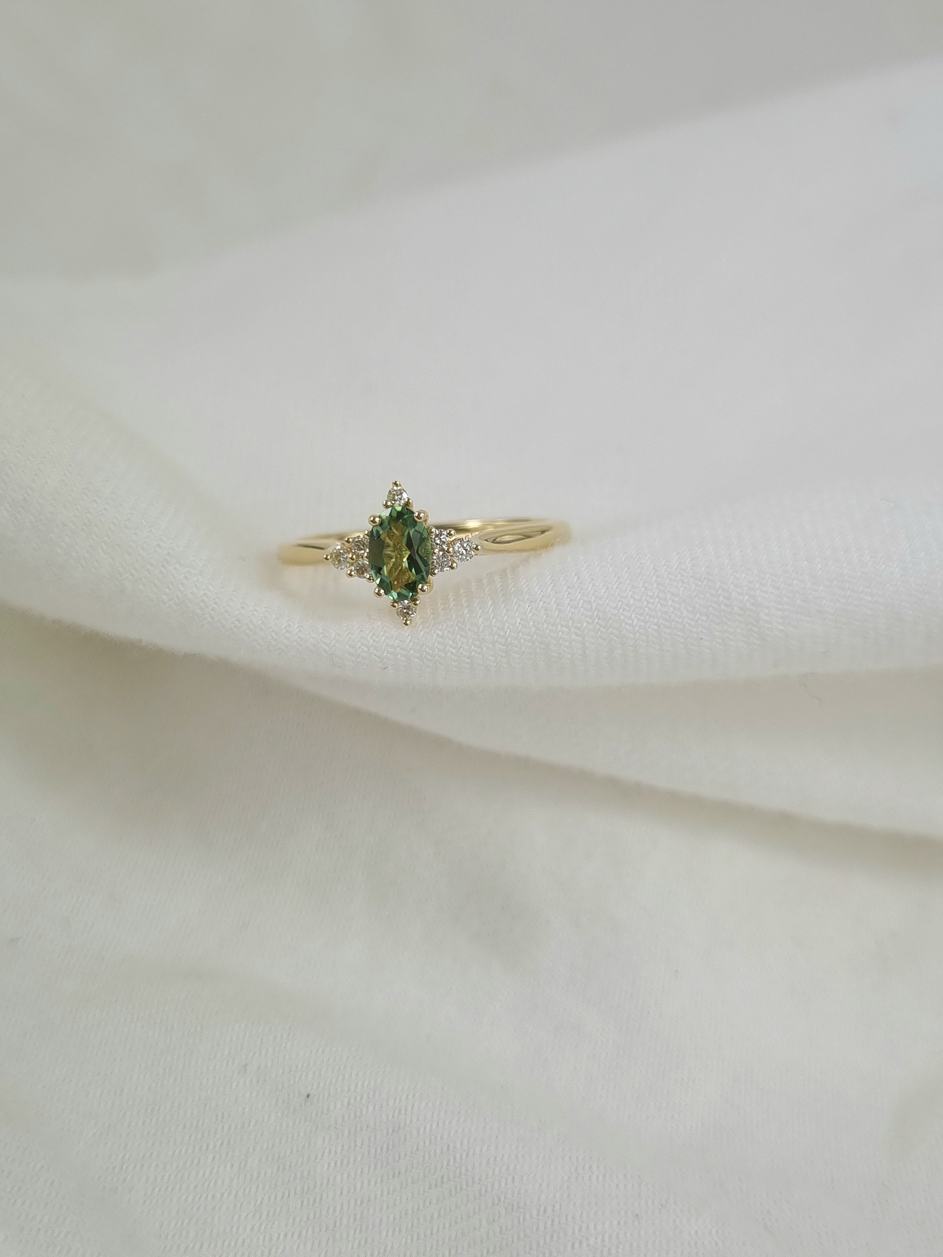 9ct Yellow Gold Mint Tourmaline and Diamond ring, 0.38ct centre