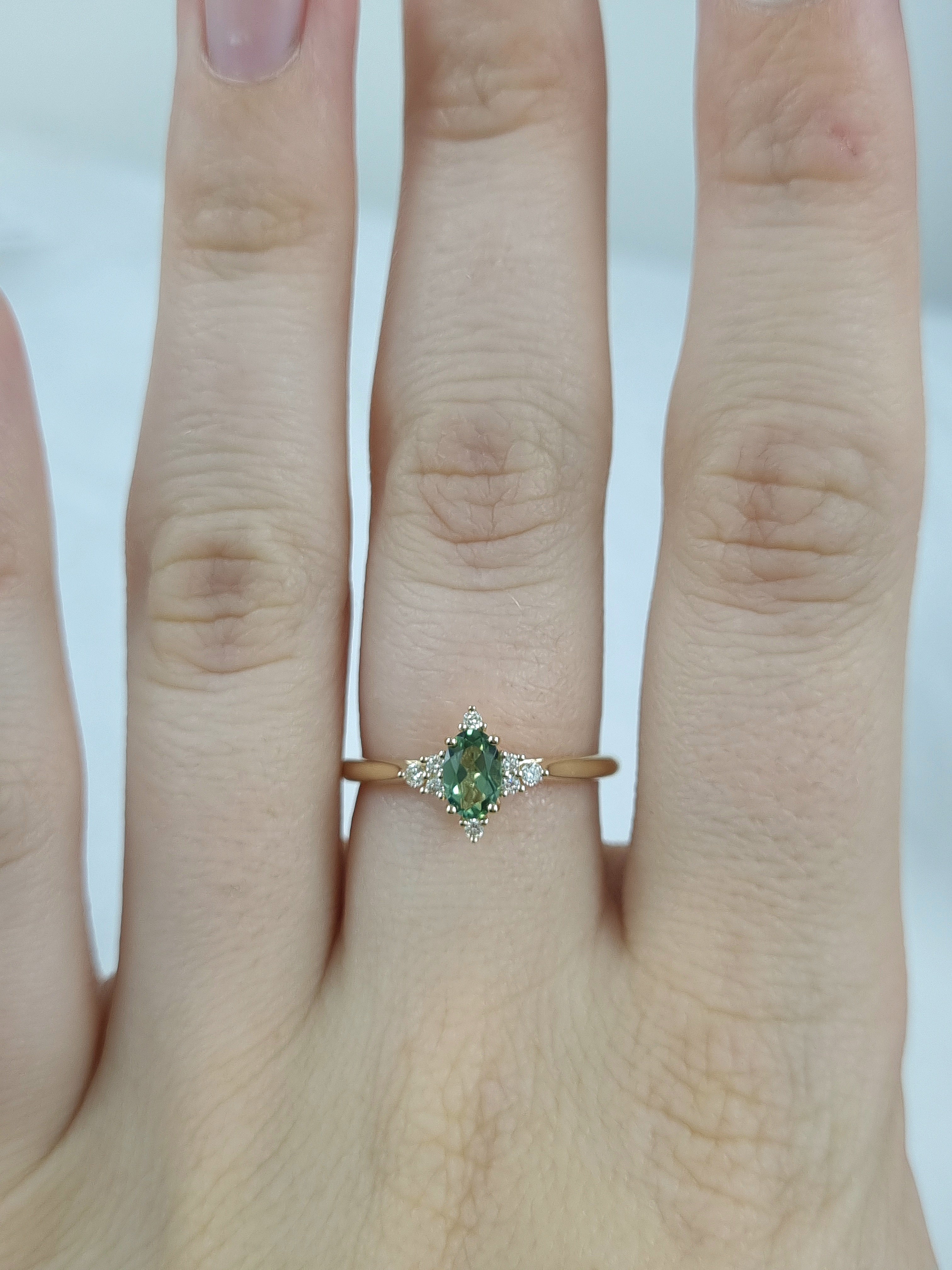 9ct Yellow Gold Mint Tourmaline and Diamond ring, 0.38ct centre