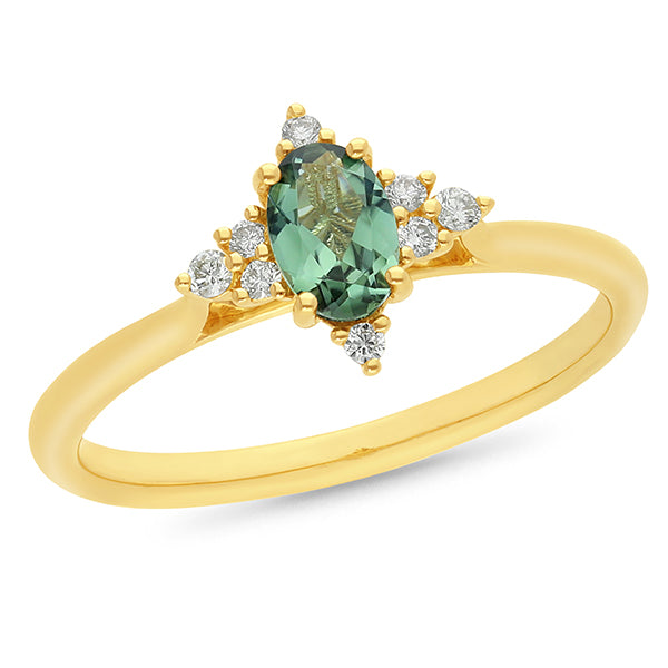 9ct Yellow Gold Mint Tourmaline and Diamond ring, 0.38ct centre