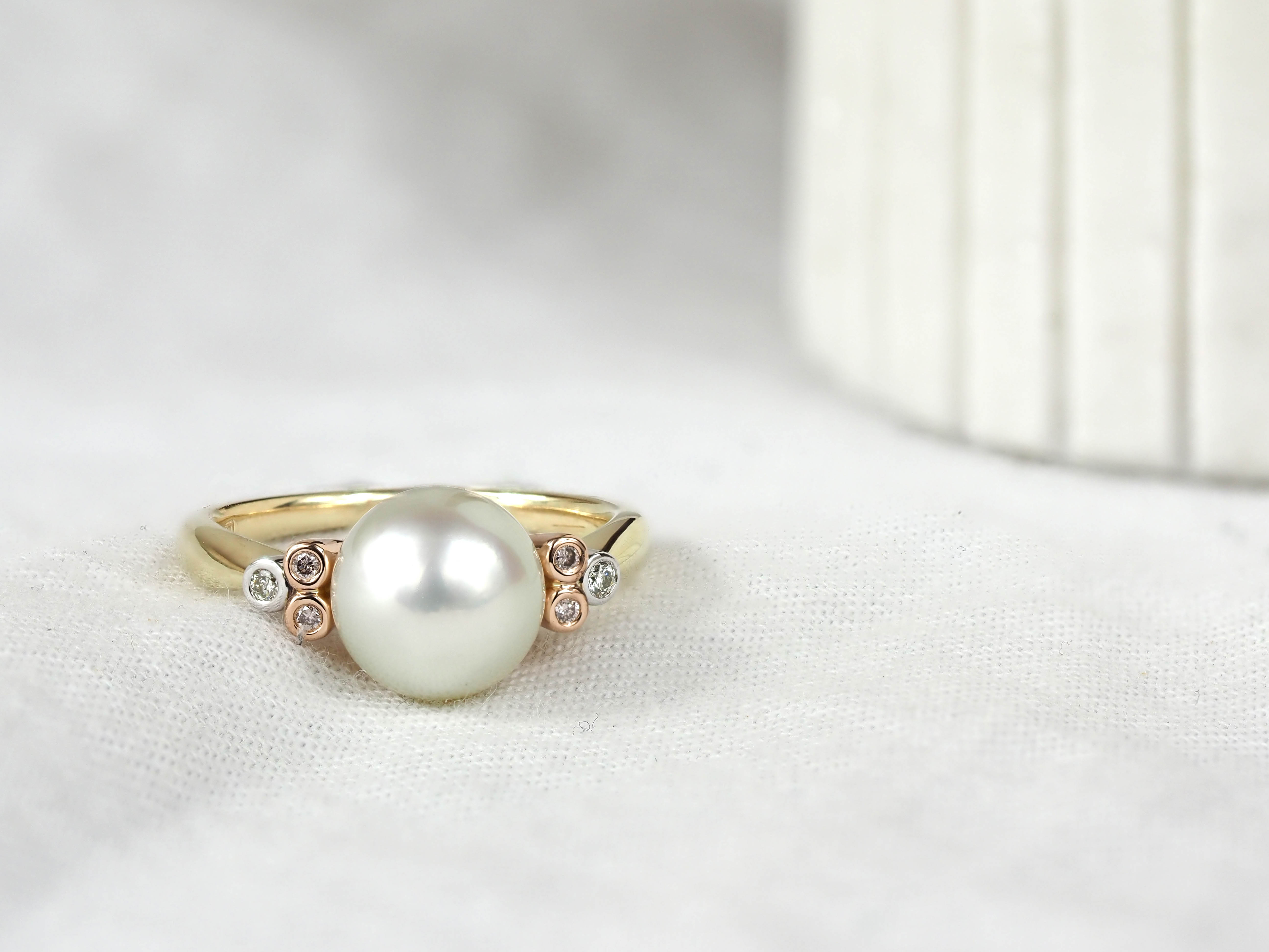 9ct Rose and White Gold South Sea Pearl and 'Pink Caviar' Argyle Diamond Ring, 9mm