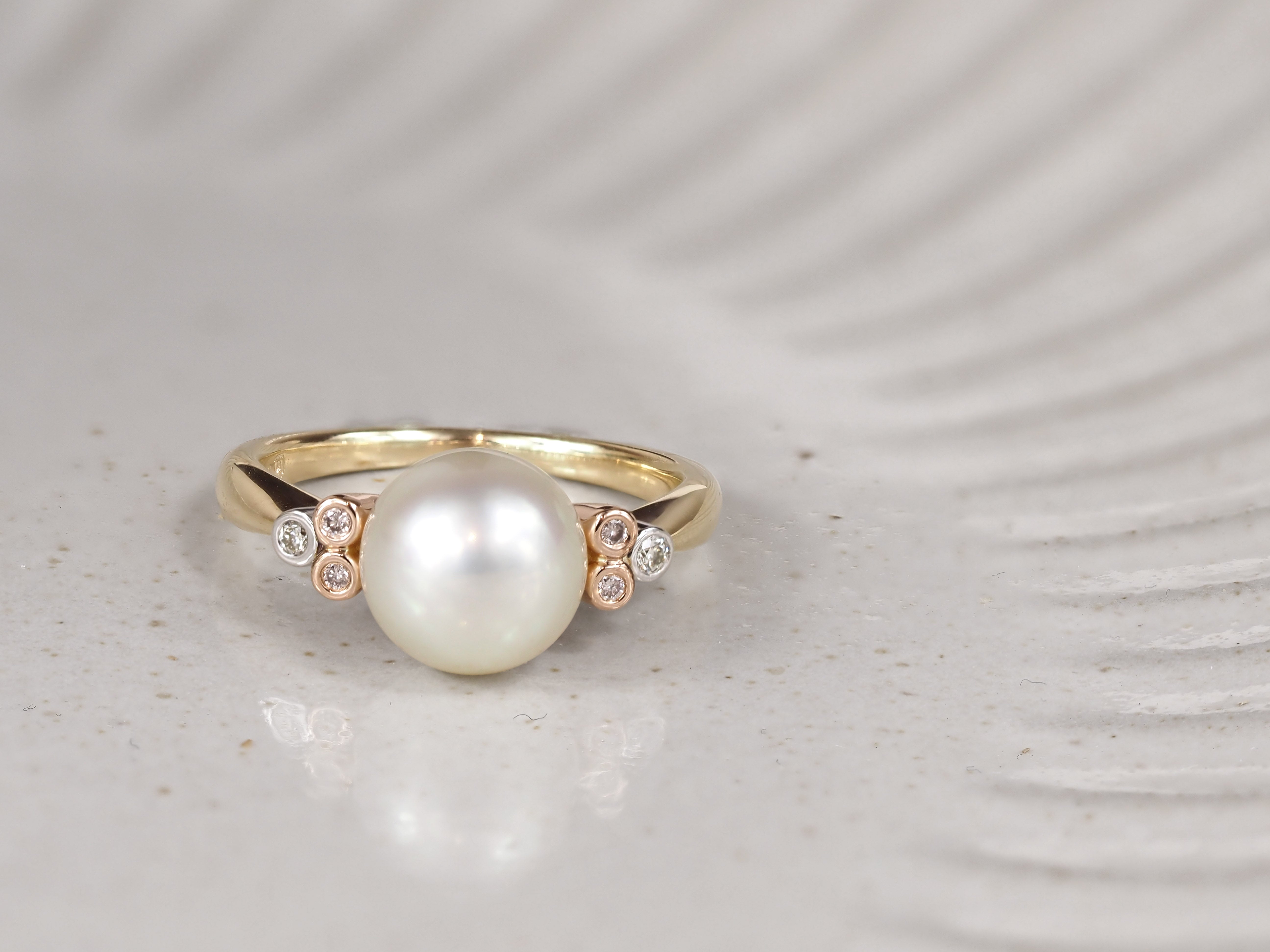 9ct Rose and White Gold South Sea Pearl and 'Pink Caviar' Argyle Diamond Ring, 9mm
