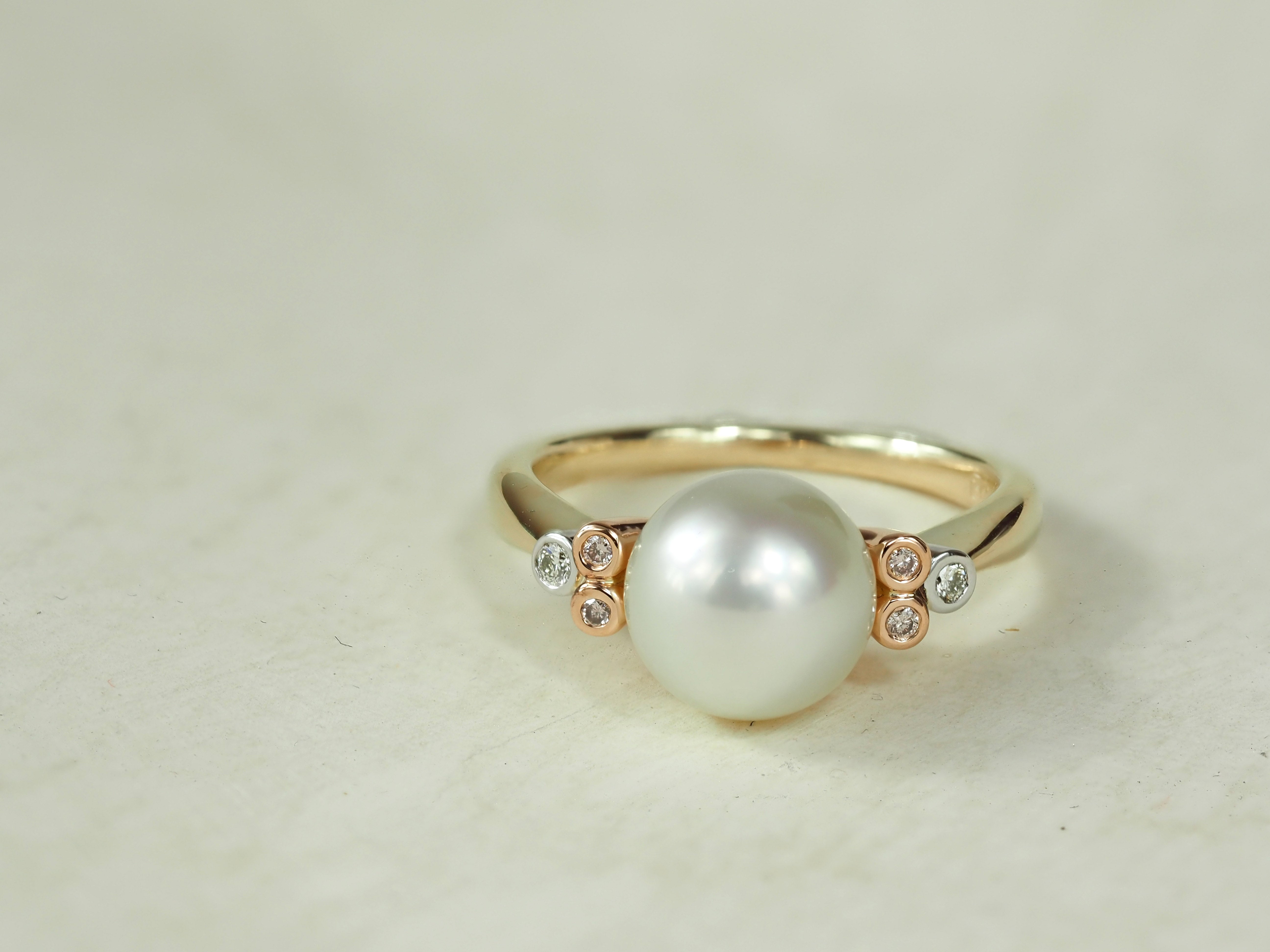 9ct Rose and White Gold South Sea Pearl and 'Pink Caviar' Argyle Diamond Ring, 9mm