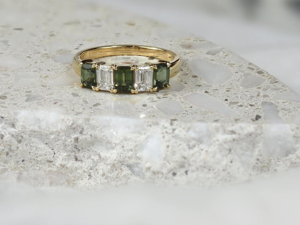 9ct Yellow Gold Green Sapphire and Lab-Grown Diamond Ring, 1.94ct Total