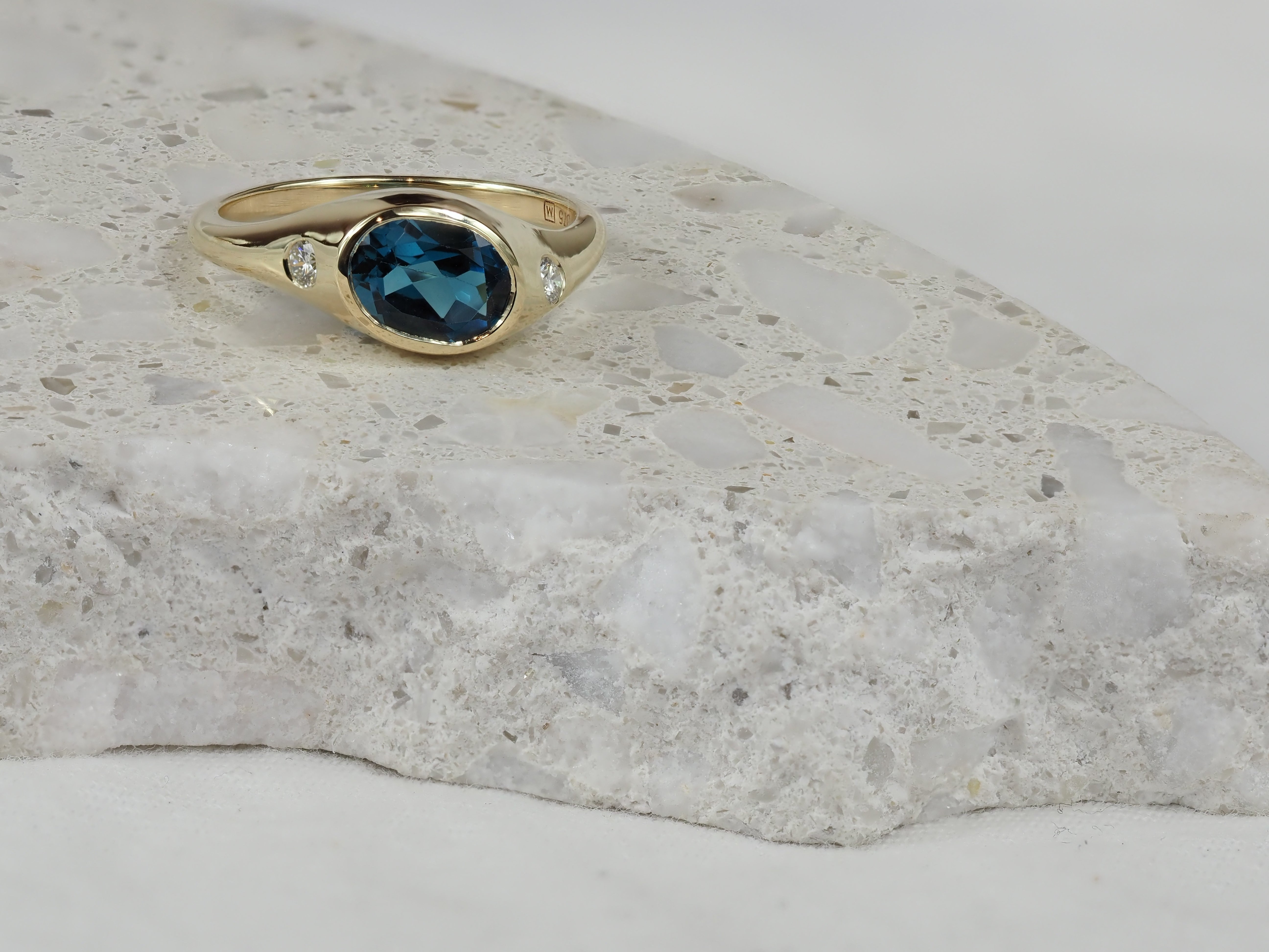9ct Yellow Gold London Blue Topaz and Diamond Ring