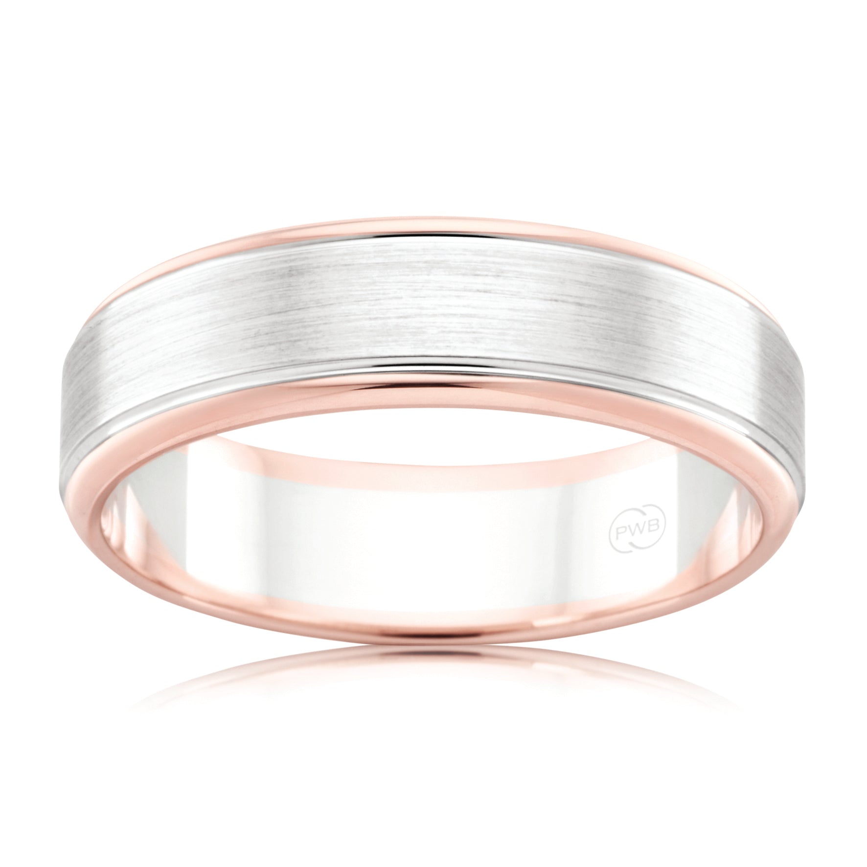 9ct Rose and White Gold 7mm wedding band, brushed centre, size W