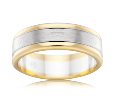 9ct Yellow and White Gold 7mm Wedding Band, brushed centre, size V