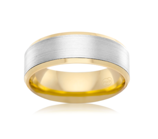 9ct Yellow and White Gold 7.5mm Wedding Band, Brushed Centre, size X